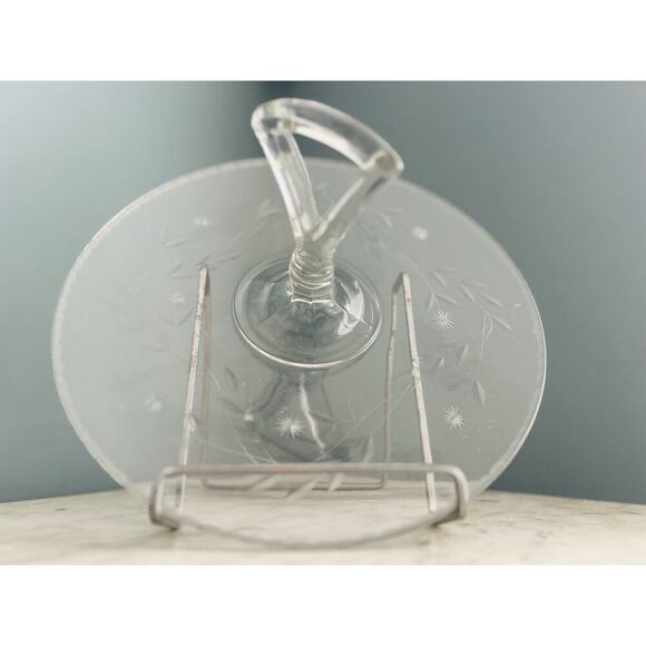 Vintage Tidbit 11” Serving Tray Dish Etched Glass Handle Floral Scallop Trim - Picture 15 of 16